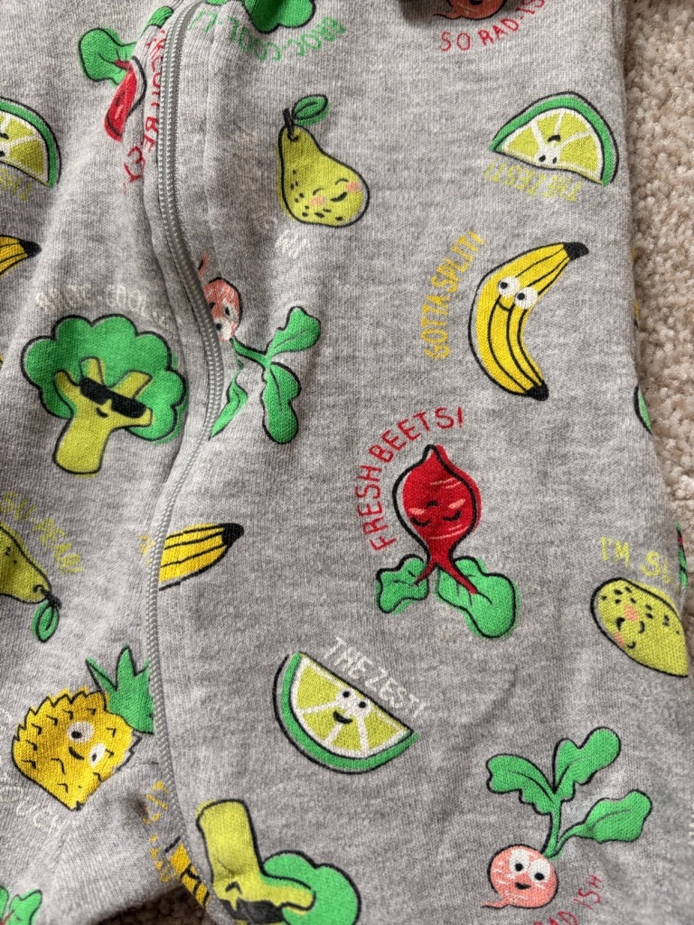 George Grey Footed One-Piece with Fruit & Veg Prints - Picture 2 of 4